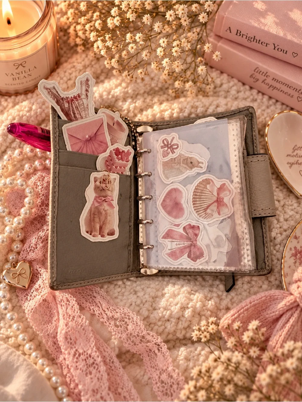 Coach Taupe Leather Card Holder with Pink Bow Charm and Hot Pink Pen